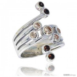 Highest Quality Sterling Silver 1 in (26 mm) wide Right Hand Ring, Brilliant Cut Smoky Topaz-colored CZ Stones