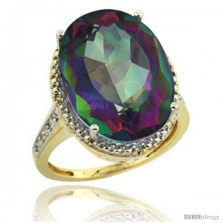 14k Yellow Gold Diamond Mystic Topaz Ring 13.56 Carat Oval Shape 18x13 mm, 3/4 in (20mm) wide