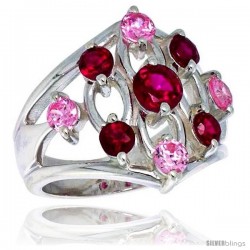 Highest Quality Sterling Silver 3/4 in (21 mm) wide Diamond-shaped Right Hand Ring, Brilliant Cut Ruby & Pink