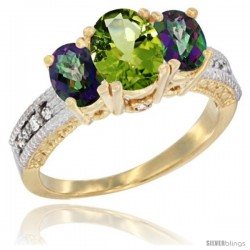 14k Yellow Gold Ladies Oval Natural Peridot 3-Stone Ring with Mystic Topaz Sides Diamond Accent