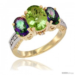 14K Yellow Gold Ladies 3-Stone Oval Natural Peridot Ring with Mystic Topaz Sides Diamond Accent