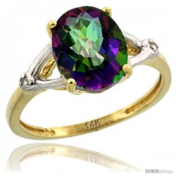 14k Yellow Gold Diamond Mystic Topaz Ring 2.4 ct Oval Stone 10x8 mm, 3/8 in wide