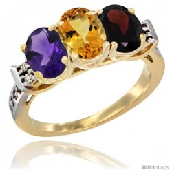 10K Yellow Gold Natural Amethyst, Citrine & Garnet Ring 3-Stone Oval 7x5 mm Diamond Accent