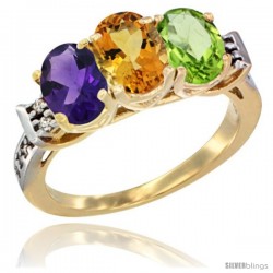 10K Yellow Gold Natural Amethyst, Citrine & Peridot Ring 3-Stone Oval 7x5 mm Diamond Accent