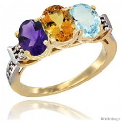 10K Yellow Gold Natural Amethyst, Citrine & Aquamarine Ring 3-Stone Oval 7x5 mm Diamond Accent