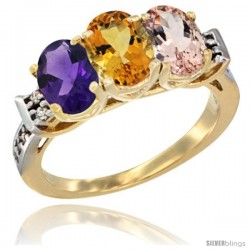 10K Yellow Gold Natural Amethyst, Citrine & Morganite Ring 3-Stone Oval 7x5 mm Diamond Accent