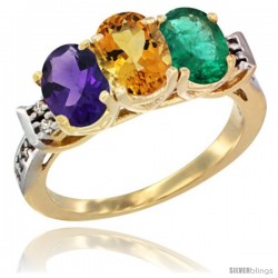 10K Yellow Gold Natural Amethyst, Citrine & Emerald Ring 3-Stone Oval 7x5 mm Diamond Accent