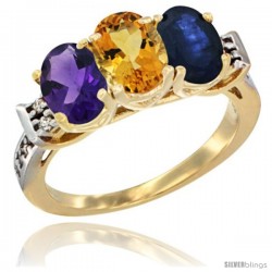 10K Yellow Gold Natural Amethyst, Citrine & Blue Sapphire Ring 3-Stone Oval 7x5 mm Diamond Accent