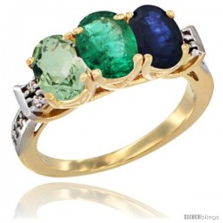 10K Yellow Gold Natural Green Amethyst, Emerald & Blue Sapphire Ring 3-Stone Oval 7x5 mm Diamond Accent