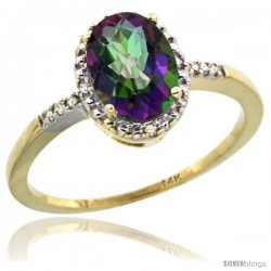 14k Yellow Gold Diamond Mystic Topaz Ring 1.17 ct Oval Stone 8x6 mm, 3/8 in wide