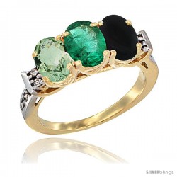 10K Yellow Gold Natural Green Amethyst, Emerald & Black Onyx Ring 3-Stone Oval 7x5 mm Diamond Accent