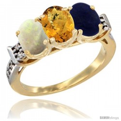 10K Yellow Gold Natural Opal, Whisky Quartz & Lapis Ring 3-Stone Oval 7x5 mm Diamond Accent