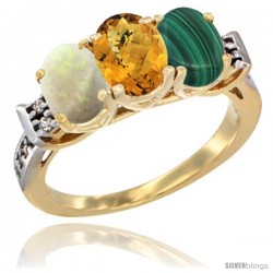 10K Yellow Gold Natural Opal, Whisky Quartz & Malachite Ring 3-Stone Oval 7x5 mm Diamond Accent