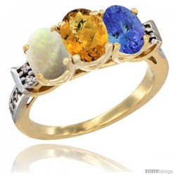 10K Yellow Gold Natural Opal, Whisky Quartz & Tanzanite Ring 3-Stone Oval 7x5 mm Diamond Accent