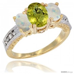 10K Yellow Gold Ladies Oval Natural Lemon Quartz 3-Stone Ring with Opal Sides Diamond Accent