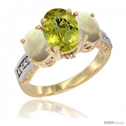 10K Yellow Gold Ladies 3-Stone Oval Natural Lemon Quartz Ring with Opal Sides Diamond Accent