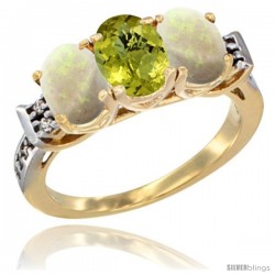 10K Yellow Gold Natural Lemon Quartz & Opal Sides Ring 3-Stone Oval 7x5 mm Diamond Accent