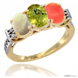 10K Yellow Gold Natural Opal, Lemon Quartz & Coral Ring 3-Stone Oval 7x5 mm Diamond Accent