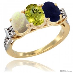 10K Yellow Gold Natural Opal, Lemon Quartz & Lapis Ring 3-Stone Oval 7x5 mm Diamond Accent