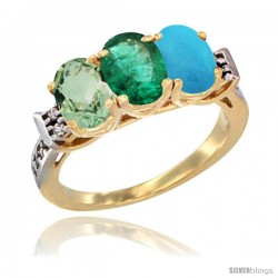 10K Yellow Gold Natural Green Amethyst, Emerald & Turquoise Ring 3-Stone Oval 7x5 mm Diamond Accent