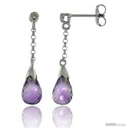 10k White Gold Dangle Amethyst Earrings, w/ 0.02 Carat Brilliant Cut Diamonds, 1 1/16 in. (27mm) tall