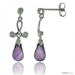 10k White Gold Loop & Amethyst Earrings, w/ 0.05 Carat Brilliant Cut Diamonds, 1 in. (26mm) tall