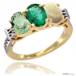 10K Yellow Gold Natural Green Amethyst, Emerald & Opal Ring 3-Stone Oval 7x5 mm Diamond Accent