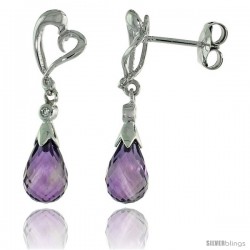 10k White Gold Heart Cut Out & Amethyst Earrings, w/ Brilliant Cut Diamonds, 1 1/16 in. (27mm) tall