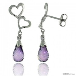 10k White Gold Double Heart Cut Out & Amethyst Earrings, w/ Brilliant Cut Diamonds, 1 1/8 in. (29mm) tall