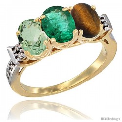 10K Yellow Gold Natural Green Amethyst, Emerald & Tiger Eye Ring 3-Stone Oval 7x5 mm Diamond Accent