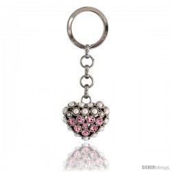 Puffed Heart Key Chain, Key Ring, Key Holder, Key Tag, Key Fob, w/ Beads & Brilliant Cut Pink Topaz-color Swarovski Crystals