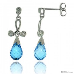 10k White Gold Loop & Blue Topaz Earrings, w/ 0.05 Carat Brilliant Cut Diamonds, 1 in. (26mm) tall