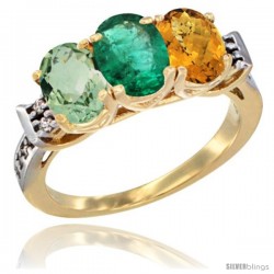 10K Yellow Gold Natural Green Amethyst, Emerald & Whisky Quartz Ring 3-Stone Oval 7x5 mm Diamond Accent