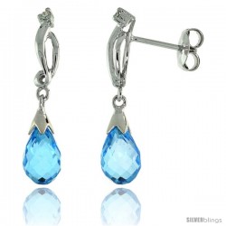 10k White Gold Swirl & Blue Topaz Earrings, w/ 0.03 Carat Brilliant Cut Diamonds, 1 in. (26mm) tall