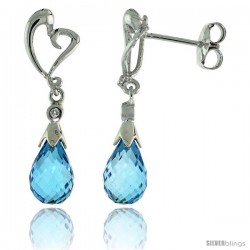10k White Gold Heart Cut Out & Blue Topaz Earrings, w/ Brilliant Cut Diamonds, 1 1/16 in. (27mm) tall