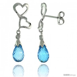 10k White Gold Double Heart Cut Out & Blue Topaz Earrings, w/ Brilliant Cut Diamonds, 1 1/8 in. (29mm) tall