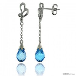 10k White Gold Heart Cut Out & Blue Topaz Earrings, w/ 0.03 Carat Brilliant Cut Diamonds, 1 7/16 in. (36mm) tall