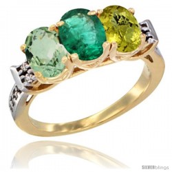 10K Yellow Gold Natural Green Amethyst, Emerald & Lemon Quartz Ring 3-Stone Oval 7x5 mm Diamond Accent