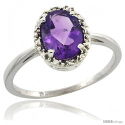 10k White Gold Diamond Halo Amethyst Ring 1.2 ct Oval Stone 8x6 mm, 1/2 in wide