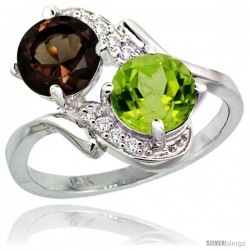 14k White Gold ( 7 mm ) Double Stone Engagement Smoky Topaz & Peridot Ring w/ 0.05 Carat Brilliant Cut Diamonds & 2.34 Carats