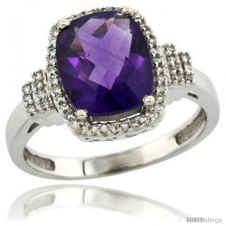 10k White Gold Diamond Halo Amethyst Ring 2.4 ct Cushion Cut 9x7 mm, 1/2 in wide