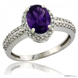 10k White Gold Diamond Halo Amethyst Ring 1.2 ct Oval Stone 8x6 mm, 3/8 in wide