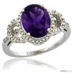 10k White Gold Diamond Halo Amethyst Ring 2.4 ct Oval Stone 10x8 mm, 1/2 in wide