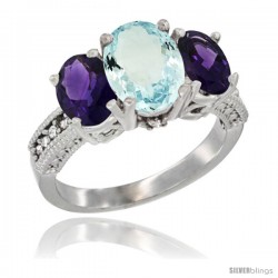 10K White Gold Ladies Natural Aquamarine Oval 3 Stone Ring with Amethyst Sides Diamond Accent