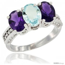 10K White Gold Natural Aquamarine & Amethyst Sides Ring 3-Stone Oval 7x5 mm Diamond Accent