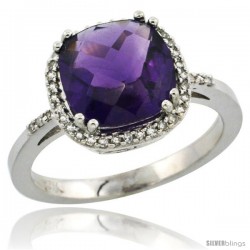 10k White Gold Diamond Amethyst Ring 3 ct Cushion Cut 9x9 mm, 1/2 in wide