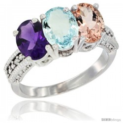 10K White Gold Natural Amethyst, Aquamarine & Morganite Ring 3-Stone Oval 7x5 mm Diamond Accent