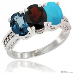 14K White Gold Natural London Blue Topaz, Garnet & Turquoise Ring 3-Stone 7x5 mm Oval Diamond Accent