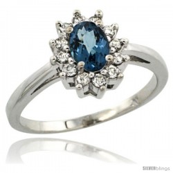 14k White Gold London Blue Topaz Diamond Halo Ring Oval Shape 1.2 Carat 6X4 mm, 1/2 in wide