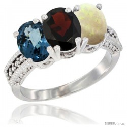 14K White Gold Natural London Blue Topaz, Garnet & Opal Ring 3-Stone 7x5 mm Oval Diamond Accent